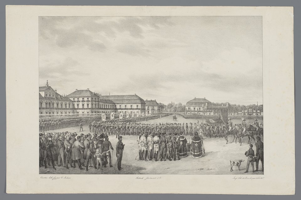 Pochód żałobny na placu Saskim po śmierci Aleksandra I w 1826 r., L. Horwart, L. Courtin, A.J.V. Vincent, 1829