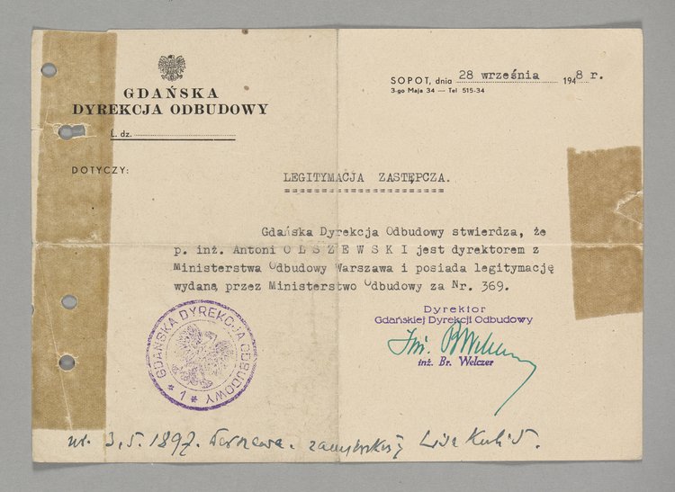 Legitymacja wystawiona Antoniemu Olszewskiemu