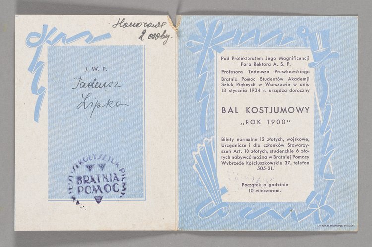 Zaproszenie na Bal Kostiumowy z motywem przewodnim 'Rok 1900', organizowany przez Bratnią Pomoc Studentów Akademii Sztuk Pięknych w Warszawie, wysłane do Jana Tadeusza Nałęcz - Lipki