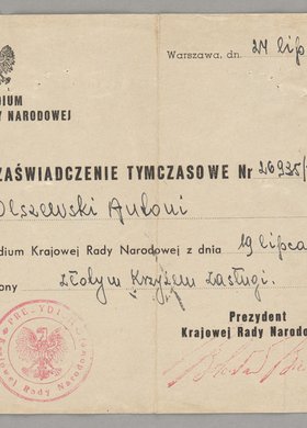 Zaświadczenie wystawione inżynierowi Antoniemu Olszewskiemu