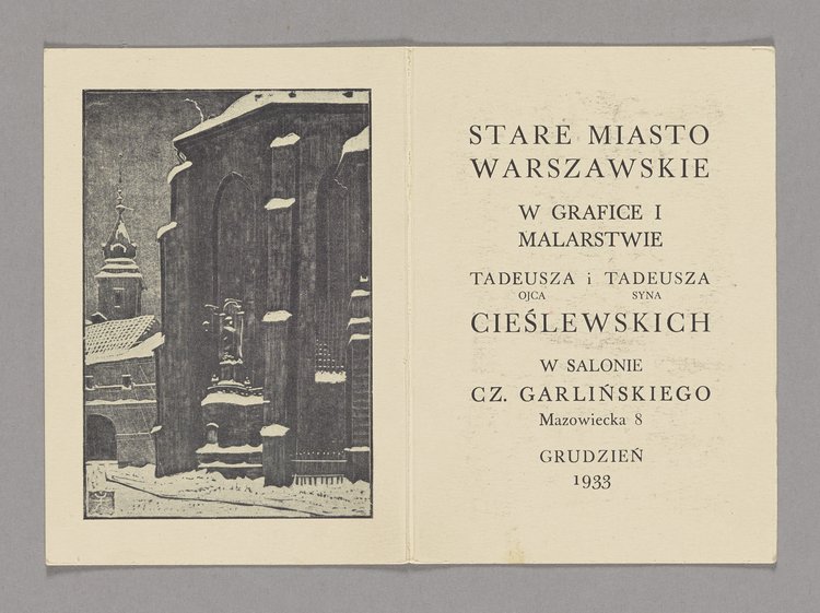 Zaproszenie na wystawę p.t. "Stare Miasto Warszawskie w grafice i malarstwie" Tadeusza Cieślewskiego ojca i Tadeusza Cieślewskiego syna zorganizowaną w Salonie Czesława Garlińskiego w Warszawie