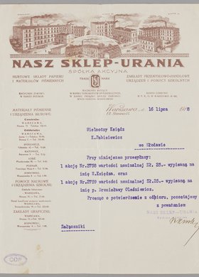 Pismo do księdza Konstantego Pabisiewicza z Włodawy, stanowiące pismo przewodnie do załączonych doń zakupionych przez niego dwóch akcji firmy Nasz Sklep "Urania", Spółka Akcyjna o wartości 50 złotych