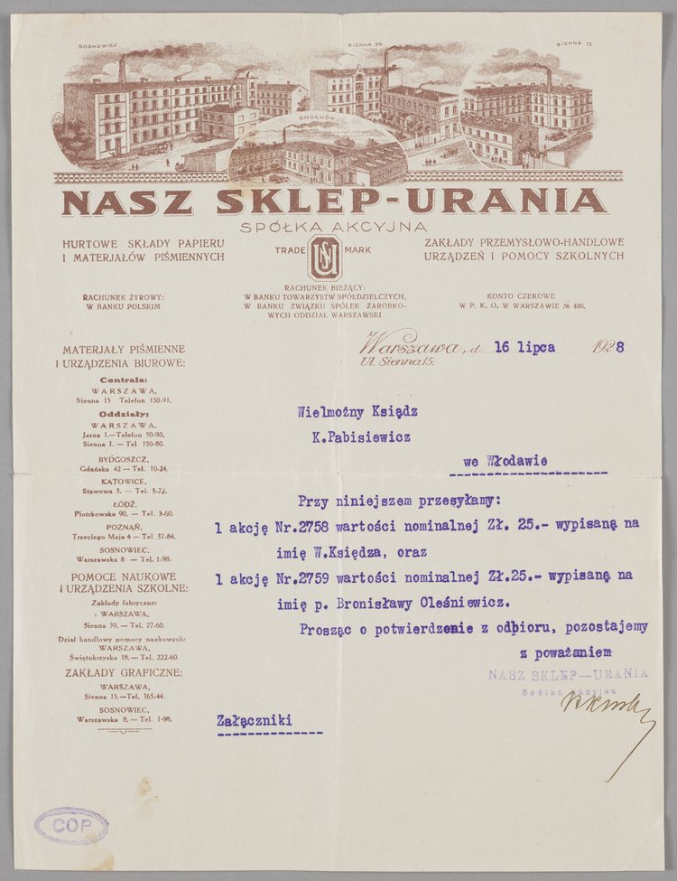 Pismo do księdza Konstantego Pabisiewicza z Włodawy, stanowiące pismo przewodnie do załączonych doń zakupionych przez niego dwóch akcji firmy Nasz Sklep "Urania", Spółka Akcyjna o wartości 50 złotych