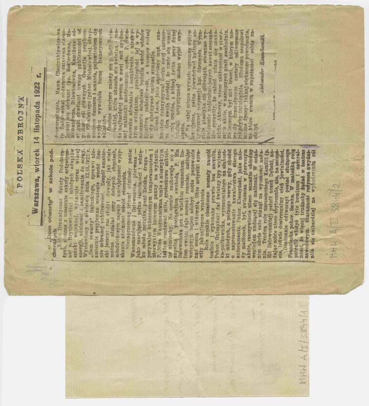 Pismo Gimnazjum Humanistycznego Koedukacyjnego w Milanówku pod Warszawą zaadresowane do Tadeusza Strumffa oraz wycinek z gazety 'Polska Zbrojna' z artykułem Aleksandra Kowalkowskiego