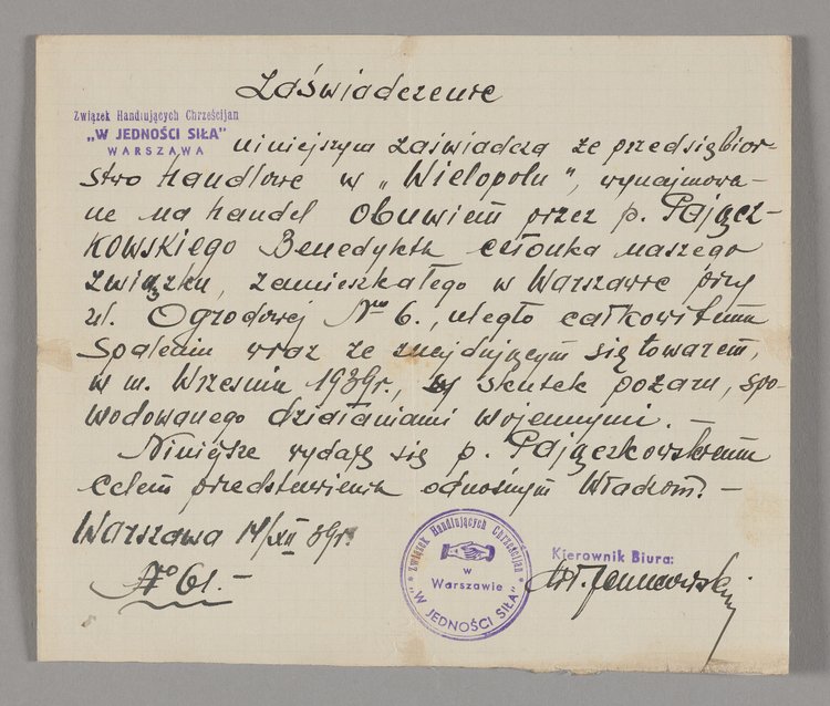 Zaświadczenie wydane Benedyktowi Pajączkowskiemu