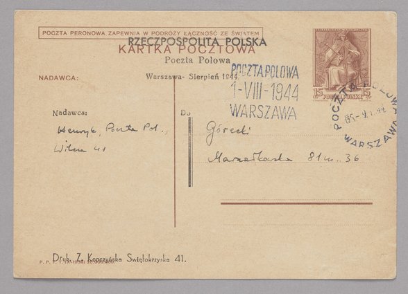 Pocztówka (całostka) przedwojenna użyta podczas Powstania Warszawskiego i przesłana za pośrednictwem Poczty Polowej