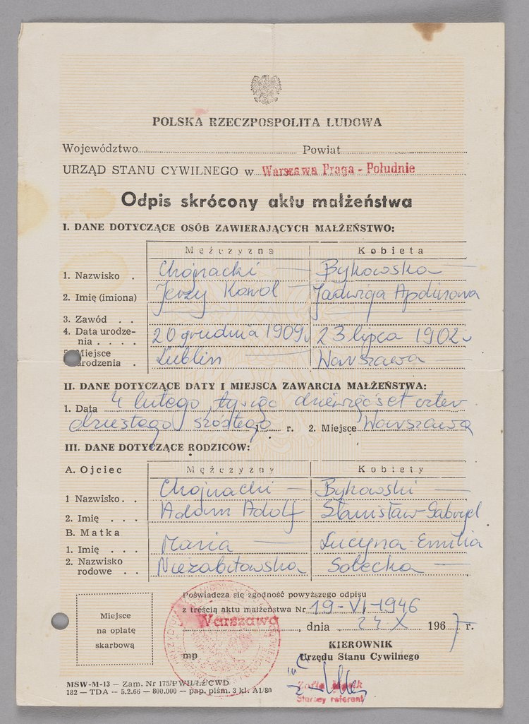Odpis skrócony aktu małżeństwa Jerzego Chojnackiego i Jadwigi Bykowskiej
