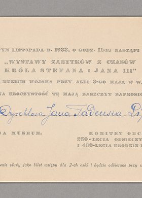 Zaproszenie na wystawę zabytków z czasów królów Stefana Batorego i Jana III Sobieskiego