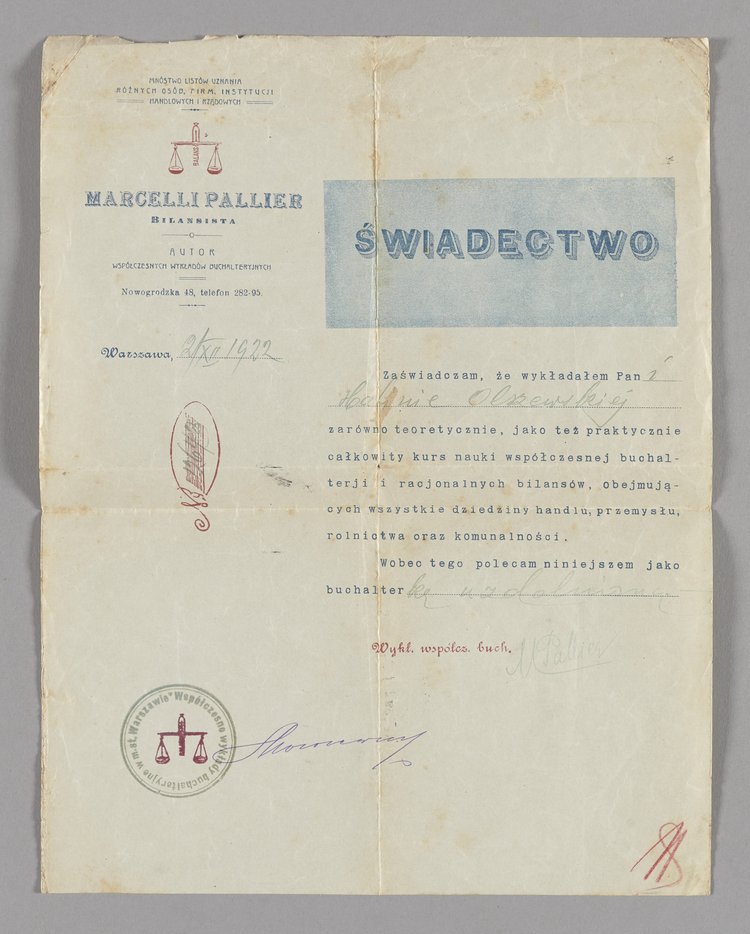 Świadectwo wystawione dla Haliny Olszewskiej, potwierdzające jej uczestnictwo w wykładach kursu całkowitego nauki współczesnej buchalterii Marcelego Pelliera - bilansisty