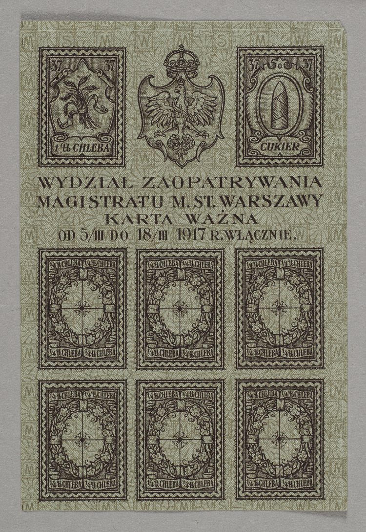 Bon zaopatrzeniowy z okresu I Wojny Światowej wydany przez Magistrat Miasta stołecznego Warszawy. Wydział Zaopatrywania na chleb i cukier