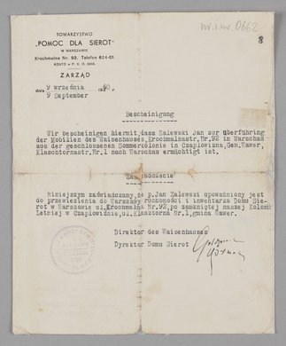 Zaświadczenie dla Jana Zalewskiego