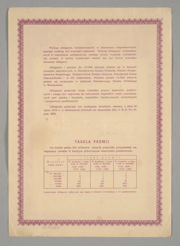 Obligacja Premiowej Pożyczki Odbudowy Kraju z 1946 r. Emisja C. Seria Nr 020560. Nr 13