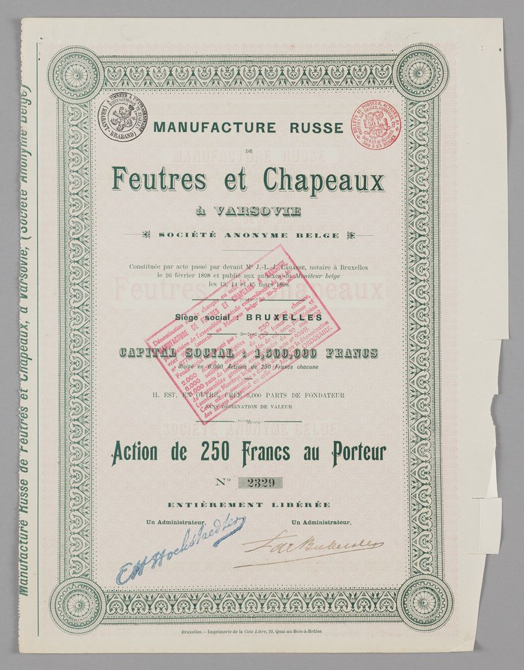 Akcja na okaziciela wypuszczona przez Manufacture Russe de Feutres et Chapeaux á Varsovie S.A. Belge wraz z arkuszem kuponowym do odbioru dywidend