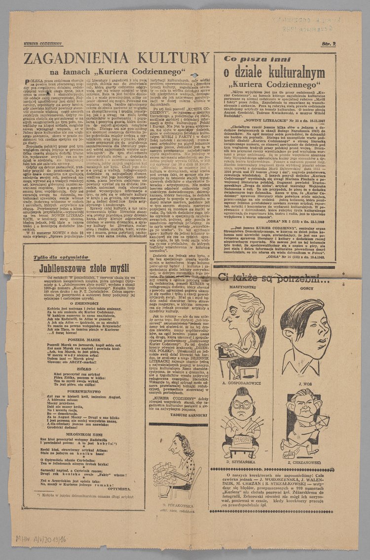 Artykuł p.t. "Redakcja "Kuriera Codziennego" w rysunku J. Żebrowskiego" [w:] "Kurier Codzienny" z dn. 6 czerwca 1948 r.