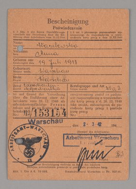 Bescheinigung/Zaświadczenie wydane Annie Wasilewskiej