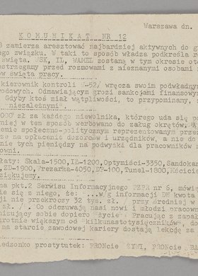 Komunikat nr 12 (29 marca 1983 r.) przygotowany przez TKZ NSZZ "Solidarność", WSK - Okęcie