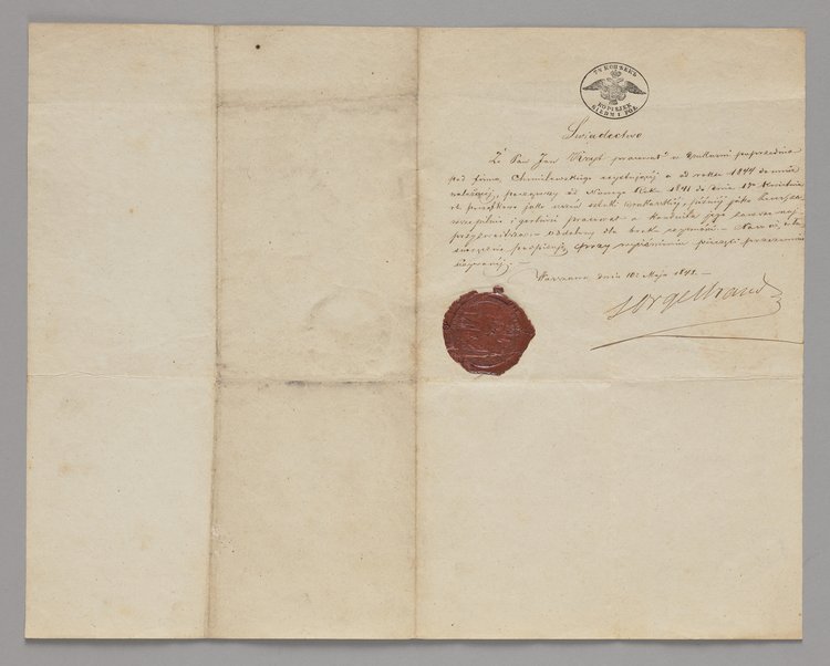 Świadectwo pracy wystawione zecerowi Janowi Krytowi przez Samuela Orgelbranda