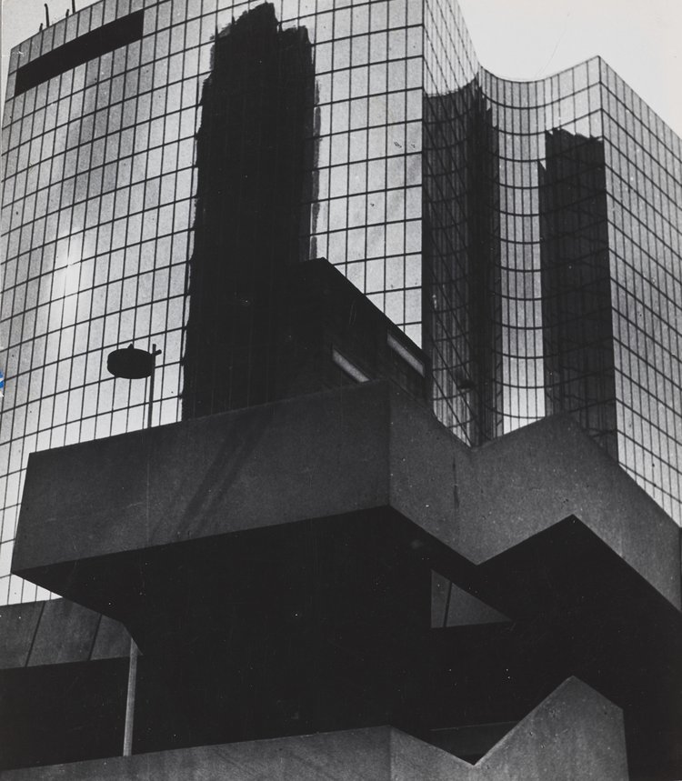 View of the glass facade of a Modernist building