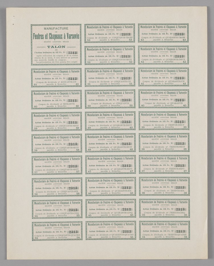 Akcja na okaziciela wypuszczona przez Manufacture Russe de Feutres et Chapeaux á Varsovie S.A. Belge wraz z arkuszem kuponowym do odbioru dywidend