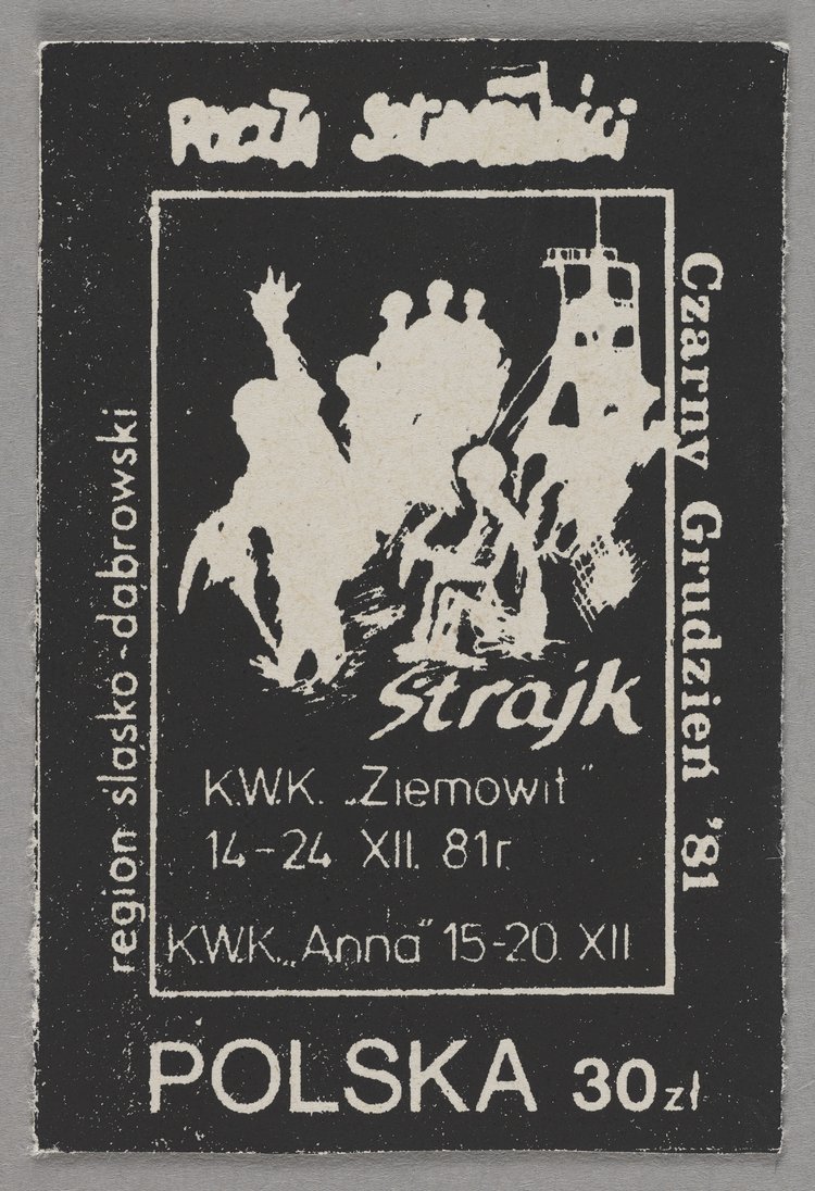 Znaczek okolicznościowy z wizerunkiem grupy górników, szybu kopalni i padających ludzi