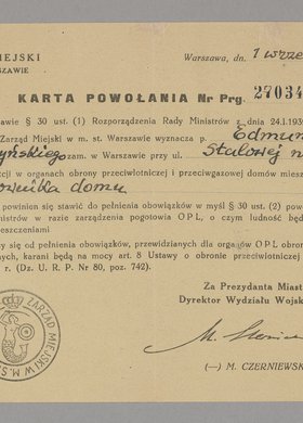 Karta powołania na kierownika domu w organach obrony przeciwlotniczej i przeciwgazowej dla Edmunda Trawczyńskiego