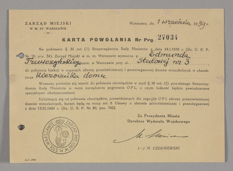 Karta powołania na kierownika domu w organach obrony przeciwlotniczej i przeciwgazowej dla Edmunda Trawczyńskiego