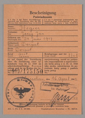 Bescheinigung/Poświadczenie wystawione lekarzowi Jerzemu Higierowi