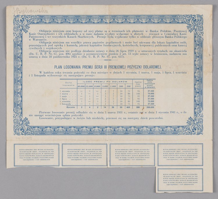 Obligacja Serii III. Premiowej Pożyczki Dolarowej o wartości pięciu dolarów wypuszczona w 1931 r.