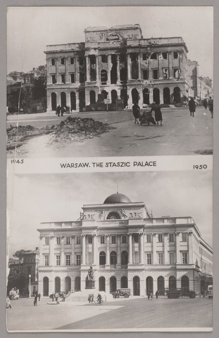 Mozaika zdjęć - pałac Staszica w roku 1945 i 1950
