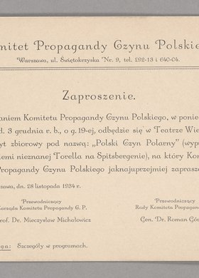 Zaproszenie na odczyt zbiorowy p.t. "Polski Czyn Polarny" (wyprawa do ziemi nieznanej Torella na Spitsbergenie)