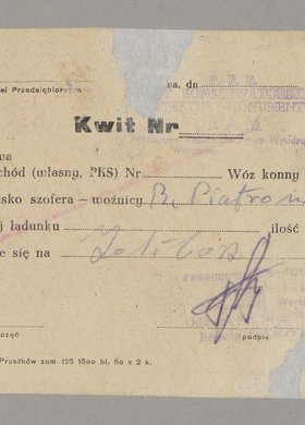Kwit wydany dla woźnicy B. Piotrowskiego za wywiezienie gruzu na Żoliborz