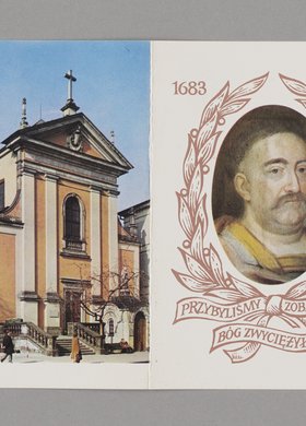 Ulotka upamiętniająca trzechsetlecie zwycięstwa Jana III Sobieskiego pod Wiedniem oraz nawiedzenie urny z sercem króla w warszawskim kościele oo. Kapucynów przez papieża Jana Pawła II