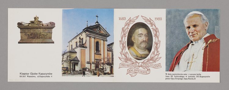 Ulotka upamiętniająca trzechsetlecie zwycięstwa Jana III Sobieskiego pod Wiedniem oraz nawiedzenie urny z sercem króla w warszawskim kościele oo. Kapucynów przez papieża Jana Pawła II