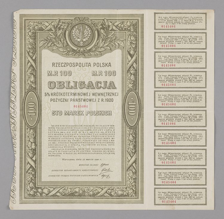 Obligacja 5% Krótkoterminowej Wewnętrznej Pożyczki Państwowej z r. 1920