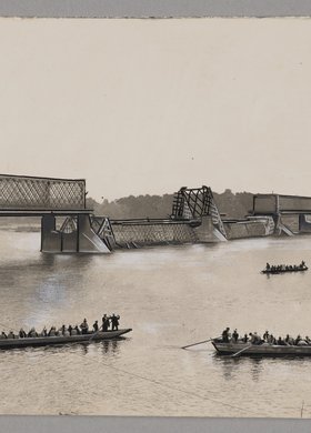 Zniszczony most Aleksandryjski (Kierbedzia) i przeprawa łodziami