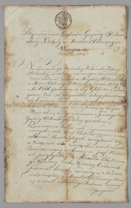 Zaświadczenie wystawione Józefowi Włodarskiemu
