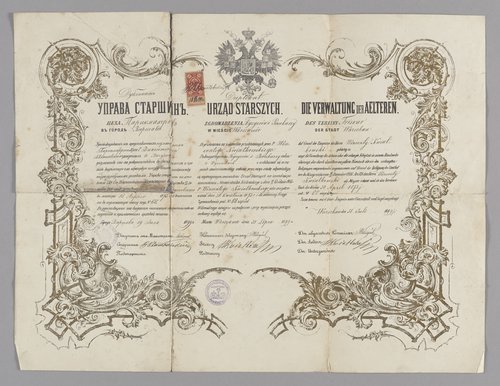 Dyplom potwierdzający przyjęcie Wincentego Kwiatkowskiego do Cechu Fryzjerów i Perukarzy w Warszawie