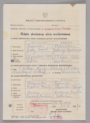 Odpis skrócony aktu małżeństwa Jerzego Chojnackiego i Jadwigi Bykowskiej