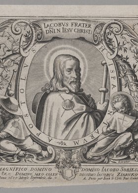 Karta tytułowa: Jacobus Frater Domini Nostri Jesu Christi, dedykowana Jakubowi Sobieskiemu (1590-1646), do serii rycin La Vie de Saint Jacques