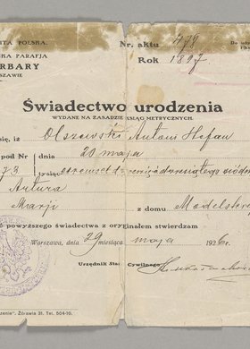 Świadectwo urodzenia Antoniego Stefana Olszewskiego