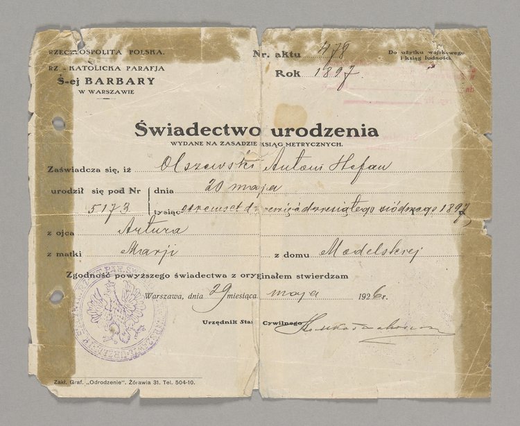 Świadectwo urodzenia Antoniego Stefana Olszewskiego
