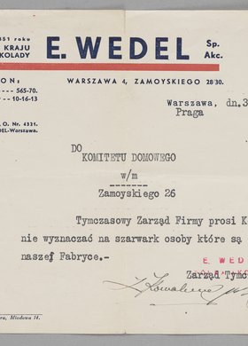 Pismo Tymczasowego Zarządu Pierwszej w Kraju Fabryki Czekolady E. Wedel Sp. Akc. do Komitetu Domowego
