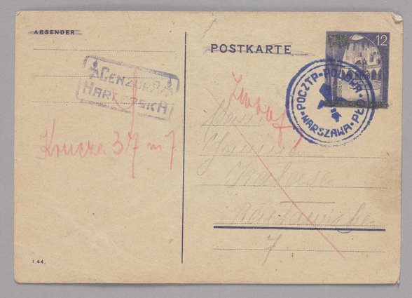 Niemiecka pocztówka (całostka) z okresu okupacji wysłana w okresie Powstania Warszawskiego przez Harcerską Pocztę Polową