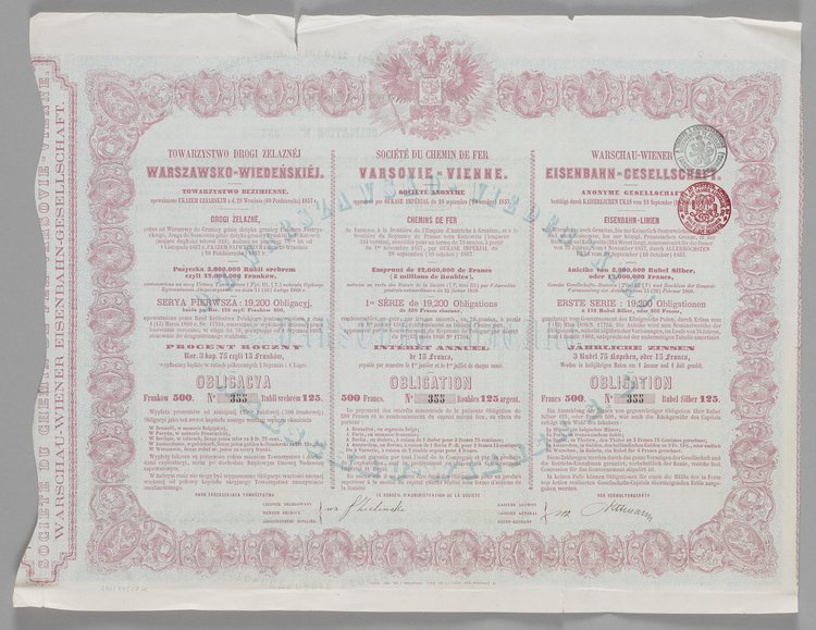 Obligacja Towarzystwa Drogi Żelaznej Warszawsko-Wiedeńskiej opiewająca na kwotę 500 franków/125 rubli srebrem