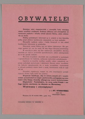 Odezwa komisarycznego prezydenta m. st. Warszawy Stefana Starzyńskiego skierowana do ludności Warszawy