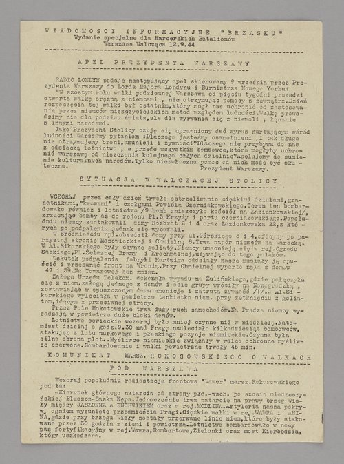 Gazeta Wiadomości informacyjne Brzasku. Wydanie specjalne dla Harcerskich Batalionów. Warszawa Walcząca z 12 września 1944 r.