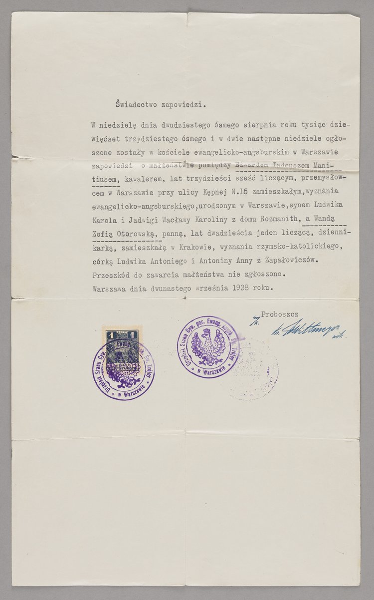 Świadectwo zapowiedzi małżeństwa Edwarda Manitiusa i Wandy Zofii Otorowskiej