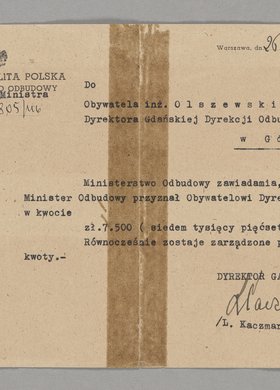 Pismo skierowane do Antoniego Olszewskiego