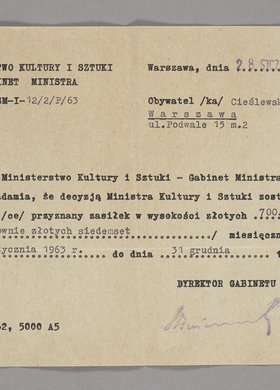 Pismo Ministerstwa Kultury i Sztuki do Zofii Cieślewskiej z informacją o przyznaniu jej zasiłku pieniężnego