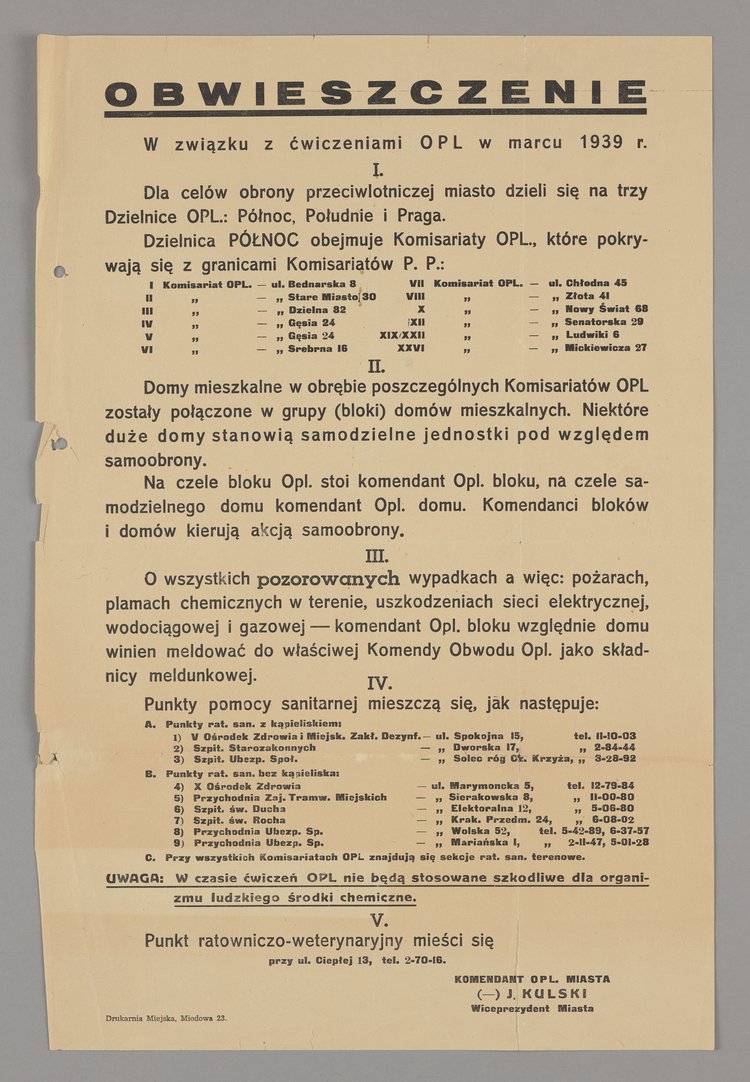 Obwieszczenie o zasadach organizacji obrony przeciwlotniczej stolicy w czasie ćwiczeń w marcu 1939 r.